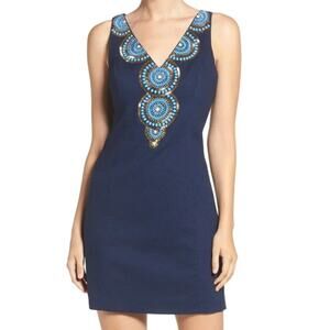 Lilly Pulitzer Gabby Beaded Sleeveless V-Neck Mini Shift Dress Navy Women's 6
